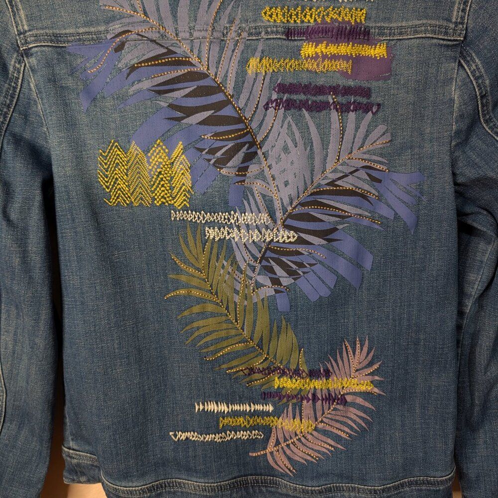 Chico's Tropical Embroidered Denim Jacket Small Blue Floral Boho Jean Coat - Picture 9 of 14